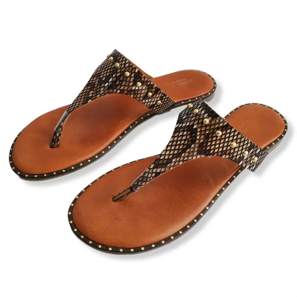 Women Sophia Milano Leather Thong Sandal 9 Brown Snake Stud Italy Boho NEW
